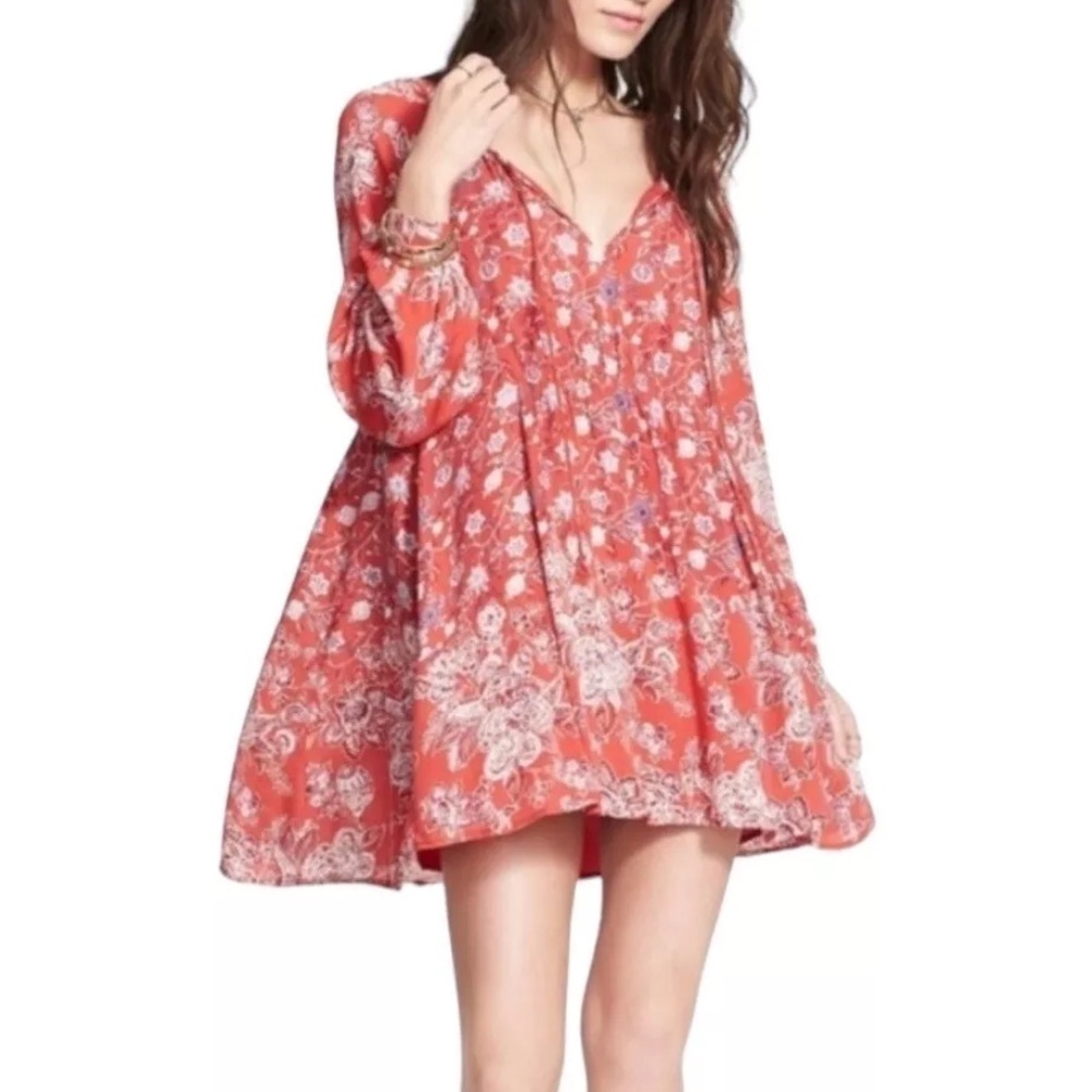 Free People Womens Floral Lucky Loosie Swing Mini Dress Sz Med Red Long Sleeve
